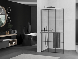 Mexen Kioto+ L shower wall with shelf Walk-in 110 x 200 cm, black grid, gun metal - 800-110-123-95-77