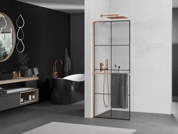 Mexen Kioto+ L shower wall with shelf Walk-in 90 x 200 cm, black grid, brushed copper - 800-090-123-65-77