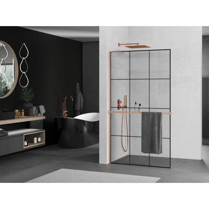 Mexen Kioto+ L shower screen with shelf Walk-in 110 x 200 cm, black grid, brushed copper - 800-110-123-65-77