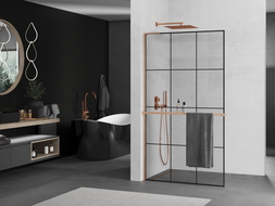 Mexen Kioto+ L shower screen with shelf Walk-in 110 x 200 cm, black grid, brushed copper - 800-110-123-65-77