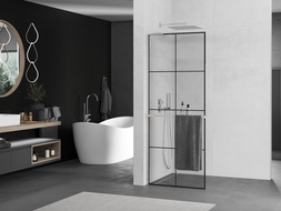 Mexen Kioto+ L Shower Wall with Shelf Walk-in 70 x 200 cm, Black Grid, Brushed Nickel - 800-070-123-97-77