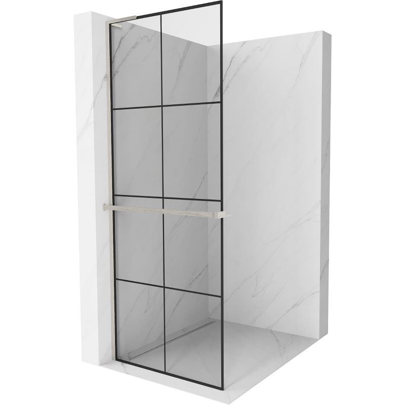Mexen Kioto+ L Shower Wall with Walk-in Shelf 90 x 200 cm, Black Pattern, Brushed Nickel - 800-090-123-97-77