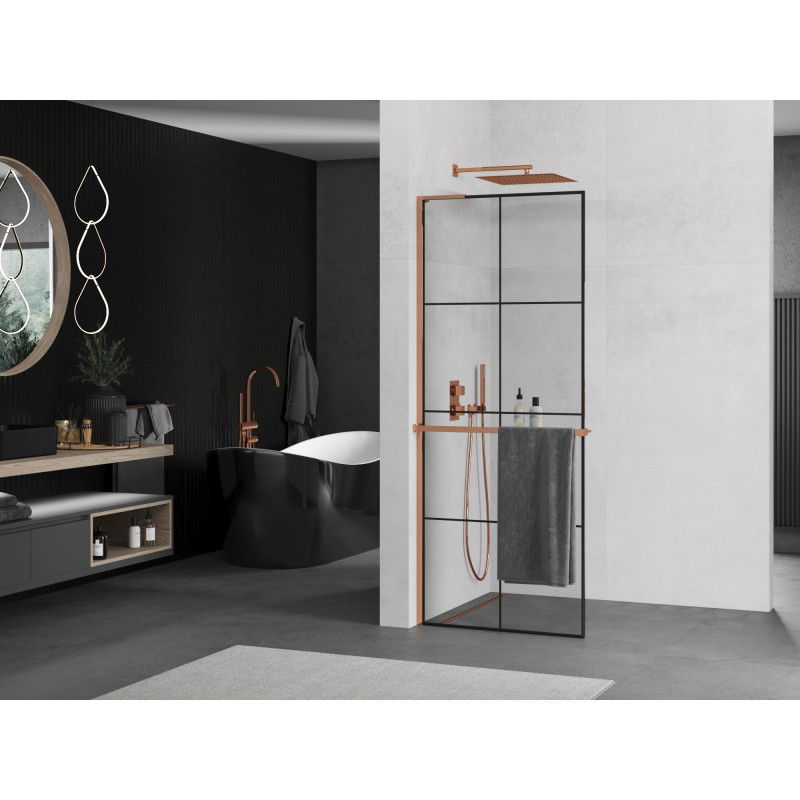 Mexen Kioto+ L shower wall with shelf Walk-in 80 x 200 cm, black grid, rose gold - 800-080-123-60-77