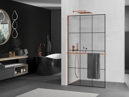 Mexen Kioto+ L shower screen with Walk-in shelf 100 x 200 cm, black grid, rose gold - 800-100-123-60-77
