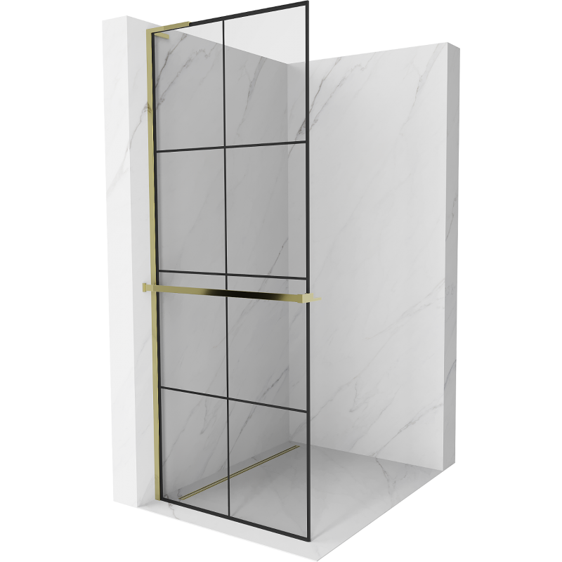 Mexen Kioto+ L shower wall with Walk-in shelf 70 x 200 cm, black grid, gold - 800-070-123-50-77