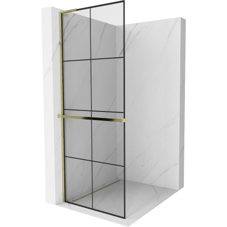Mexen Kioto+ L shower wall with Walk-in shelf 70 x 200 cm, black grid, gold - 800-070-123-50-77