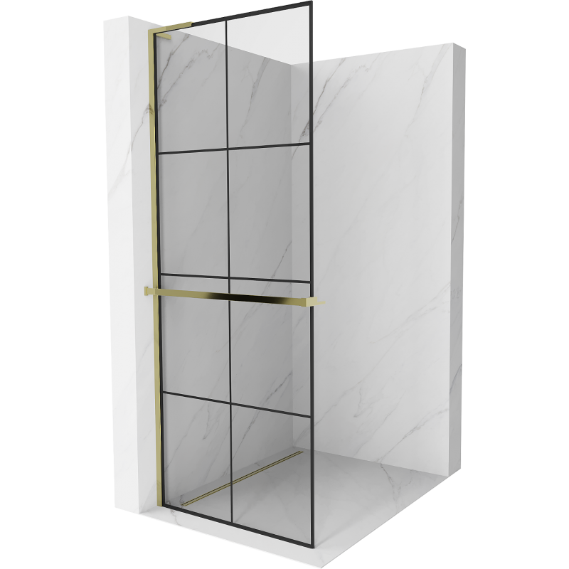Mexen Kioto+ L Shower Wall with Shelf Walk-in 80 x 200 cm, Black Grid, Gold - 800-080-123-50-77