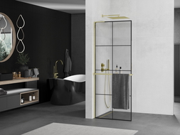 Mexen Kioto+ L shower panel with shelf Walk-in 90 x 200 cm, black grid, gold - 800-090-123-50-77