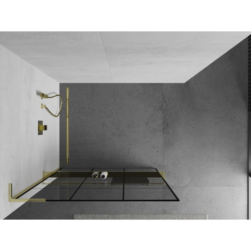 Mexen Kioto+ L shower screen with Walk-in shelf 100 x 200 cm, black grid, gold - 800-100-123-50-77