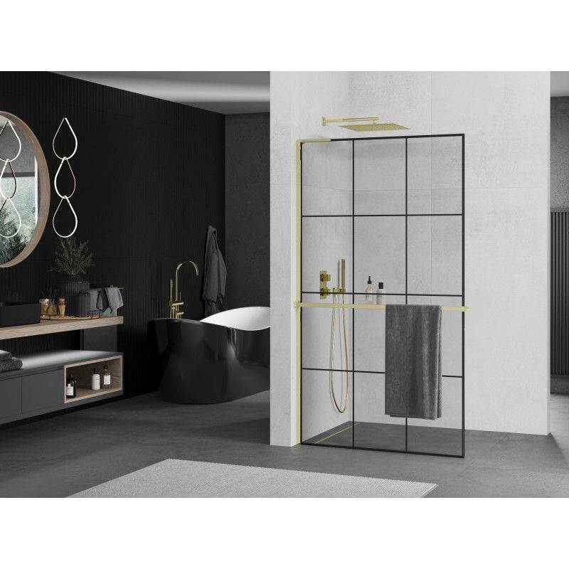 Mexen Kioto+ L Shower Wall with Shelf Walk-in 110 x 200 cm, Black Grid, Gold - 800-110-123-50-77