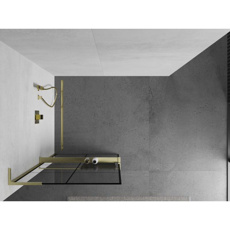 Mexen Kioto+ L Shower Wall with Shelf Walk-in 70 x 200 cm, Black Grid, Brushed Gold - 800-070-123-55-77