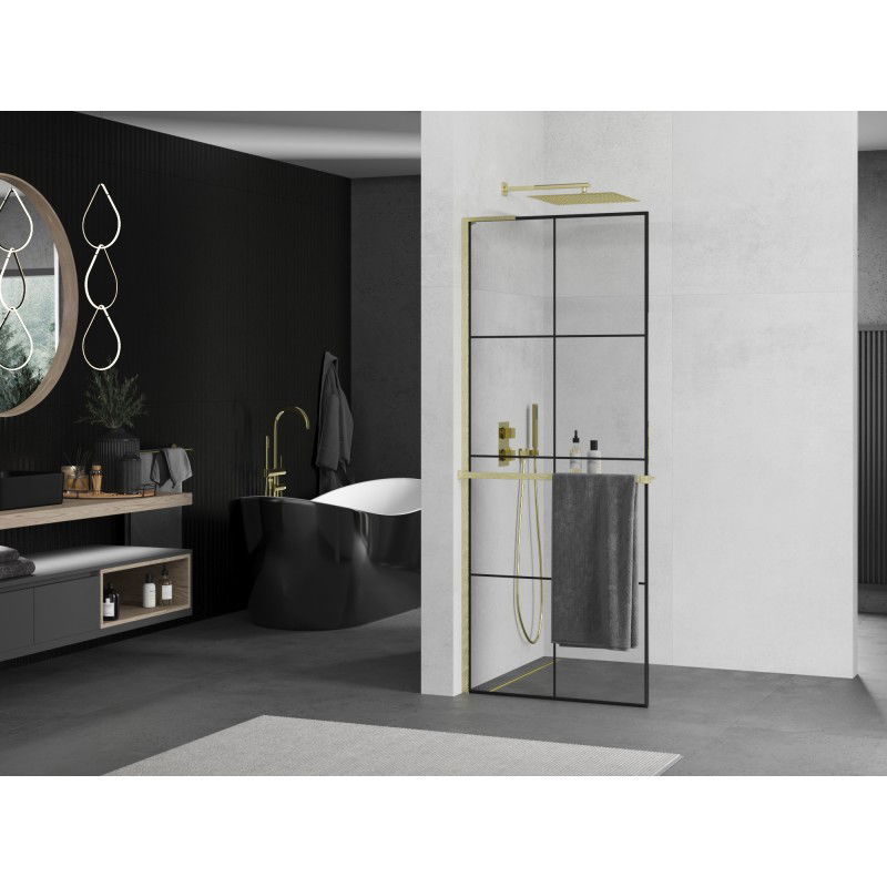 Mexen Kioto+ L shower wall with Walk-in shelf 80 x 200 cm, black grid, brushed gold - 800-080-123-55-77