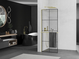 Mexen Kioto+ L shower wall with Walk-in shelf 80 x 200 cm, black grid, brushed gold - 800-080-123-55-77