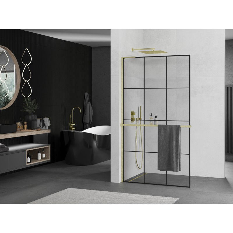 Mexen Kioto+ L shower panel with Walk-in shelf 110 x 200 cm, black grid, brushed gold - 800-110-123-55-77
