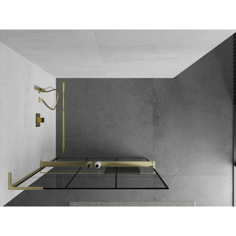 Mexen Kioto+ L shower panel with Walk-in shelf 110 x 200 cm, black grid, brushed gold - 800-110-123-55-77