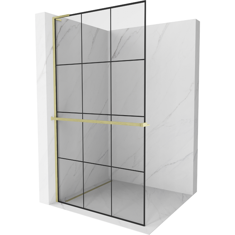 Mexen Kioto+ L shower panel with Walk-in shelf 110 x 200 cm, black grid, brushed gold - 800-110-123-55-77
