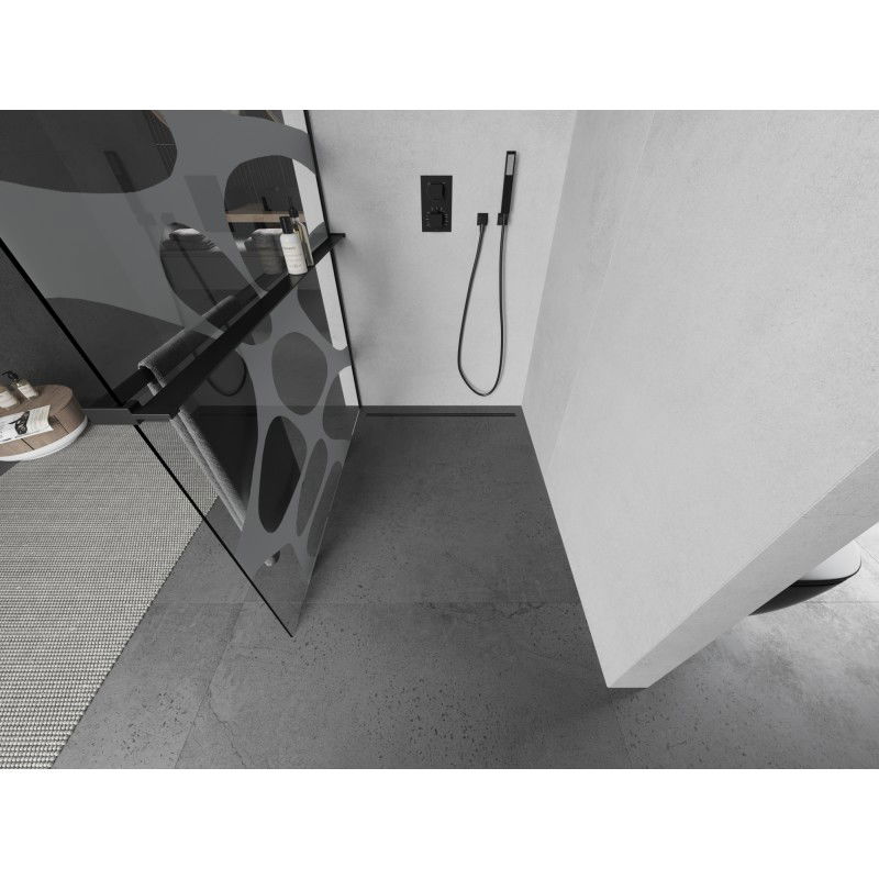 Mexen Kioto+ L shower wall with shelf Walk-in 70 x 200 cm, white wave, black - 800-070-123-70-97