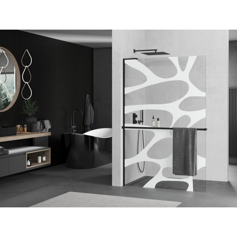 Mexen Kioto+ L shower screen with Walk-in shelf 90 x 200 cm, white wave, black - 800-090-123-70-97