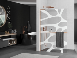 Mexen Kioto+ L Shower Wall with Walk-in Shelf 80 x 200 cm, White Pattern, Brushed Brass - 800-080-123-65-97