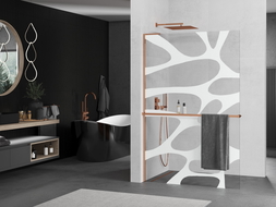 Mexen Kioto+ L shower wall with Walk-in shelf 100 x 200 cm, white wave, rose gold - 800-100-123-60-97