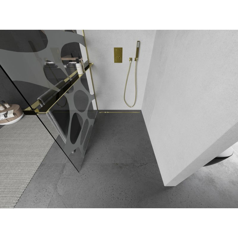 Mexen Kioto+ L Shower Wall with Shelf Walk-in 70 x 200 cm, White Wave, Gold - 800-070-123-50-97