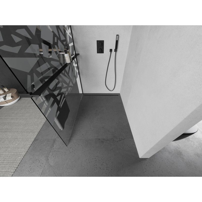 Mexen Kioto+ L shower wall with shelf Walk-in 90 x 200 cm, white pattern, black - 800-090-123-70-85