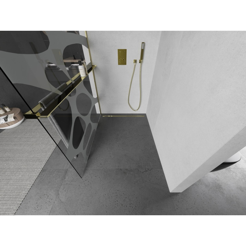 Mexen Kioto+ L walk-in shower panel with shelf 110 x 200 cm, white wave, gold - 800-110-123-50-97
