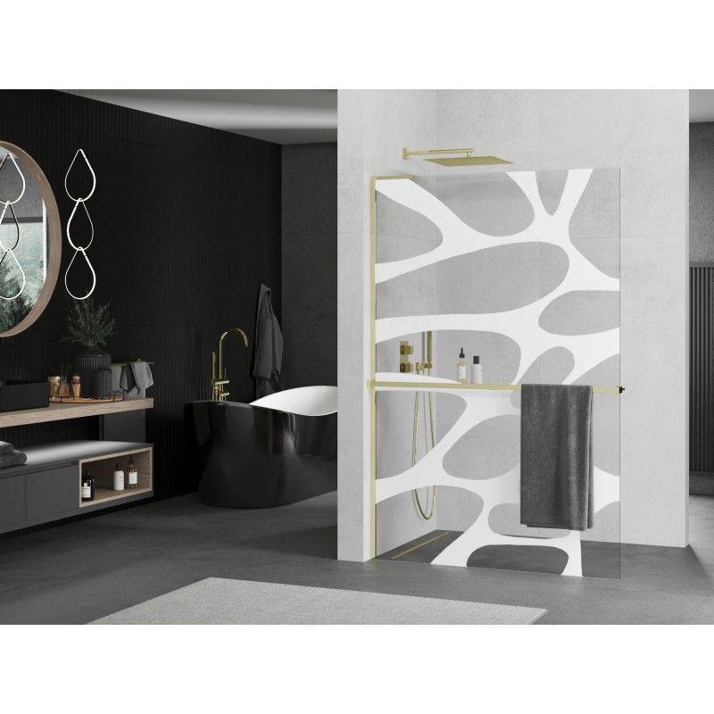 Mexen Kioto+ L shower wall with shelf Walk-in 110 x 200 cm, white wave, gold - 800-110-123-50-97