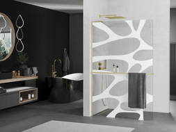 Mexen Kioto+ L Shower Wall with Shelf Walk-in 100 x 200 cm, White Pattern, Brushed Gold - 800-100-123-55-97