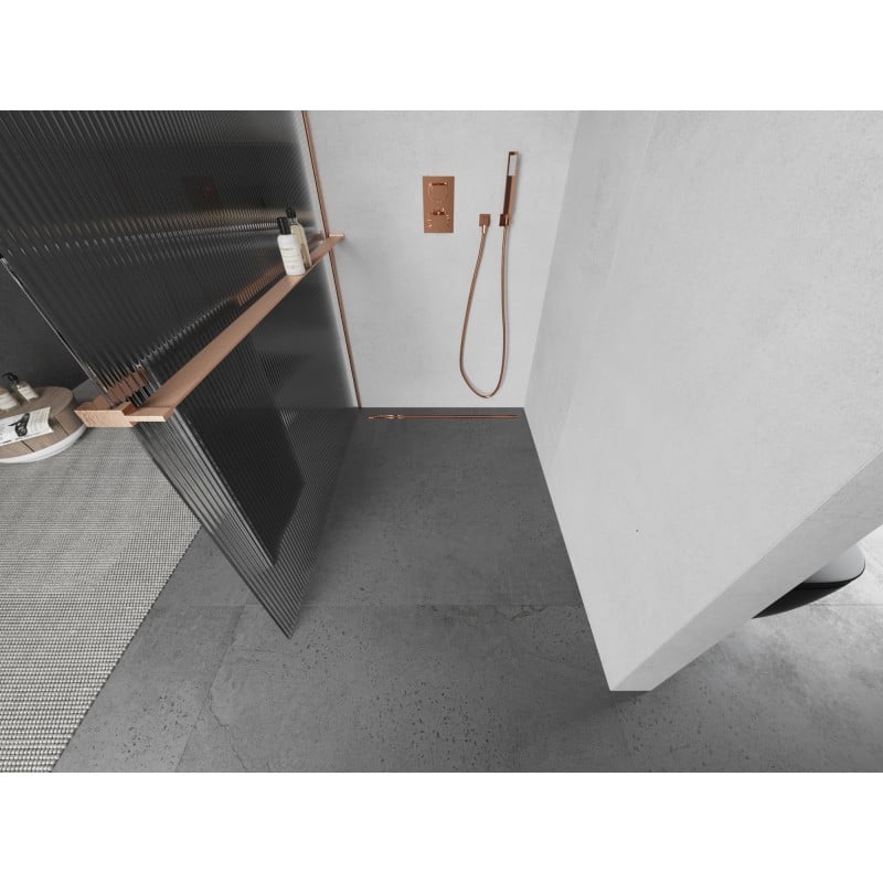 Mexen Kioto+ shower wall with shelf Walk-in 80 x 200 cm, stripes, brushed copper - 800-080-121-65-09