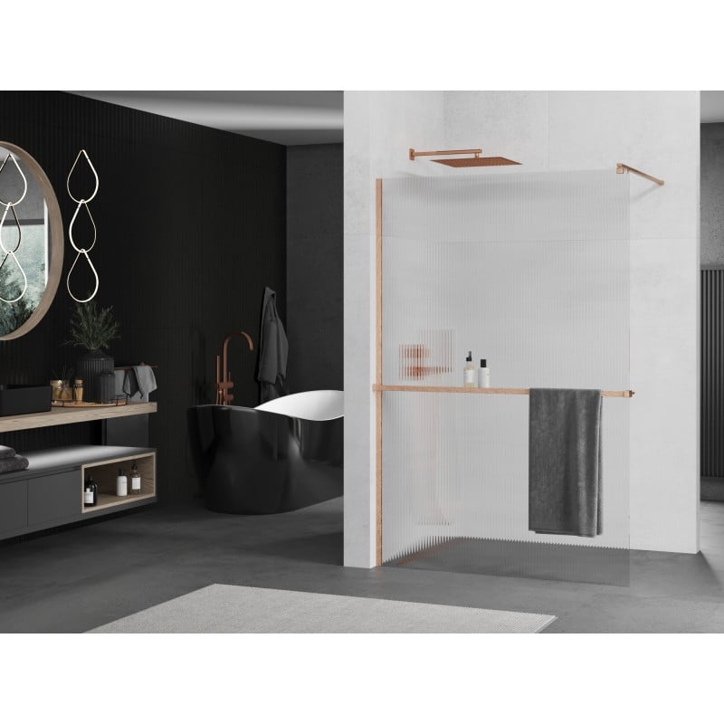 Mexen Kioto+ shower wall with shelf Walk-in 100 x 200 cm, stripes, brushed copper - 800-100-121-65-09