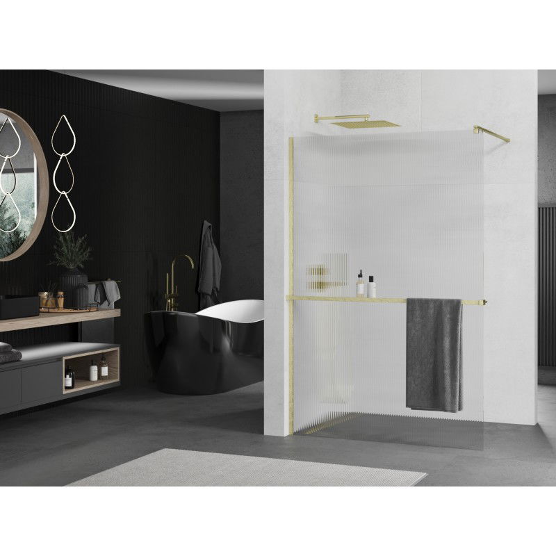 Mexen Kioto+ shower wall with Walk-in shelf 70 x 200 cm, stripes, brushed gold - 800-070-121-55-09