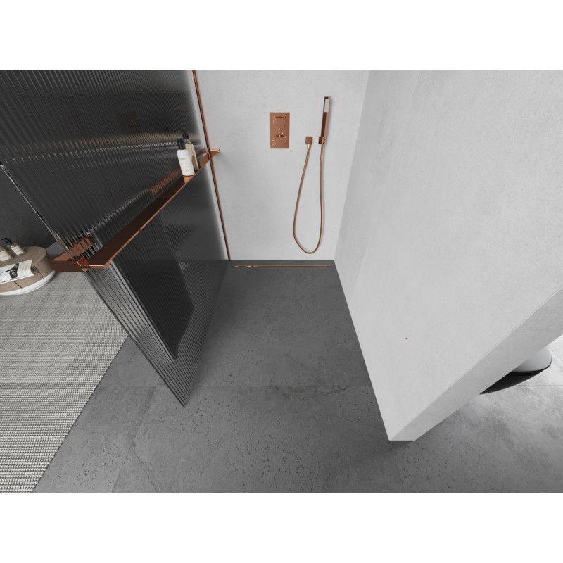 Mexen Kioto+ L Shower Wall with Shelf Walk-in 90 x 200 cm, Stripes, Rose Gold - 800-090-123-60-09