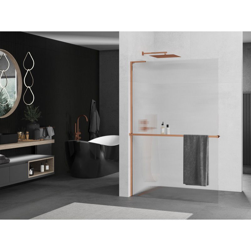 Mexen Kioto+ L shower screen with Walk-in shelf 100 x 200 cm, stripes, rose gold - 800-100-123-60-09