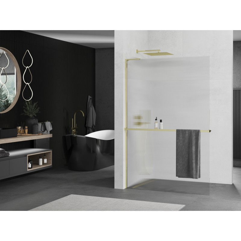 Mexen Kioto+ L Shower Wall with Shelf Walk-in 70 x 200 cm, Stripes, Gold - 800-070-123-50-09