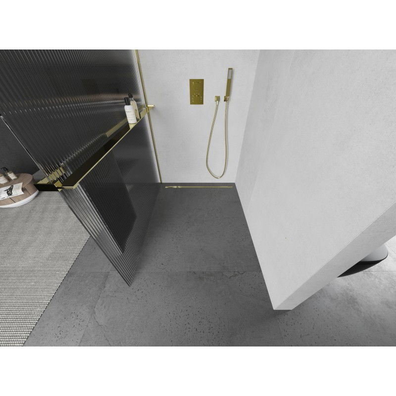 Mexen Kioto+ L Shower Wall with Shelf Walk-in 110 x 200 cm, Striped, Gold - 800-110-123-50-09