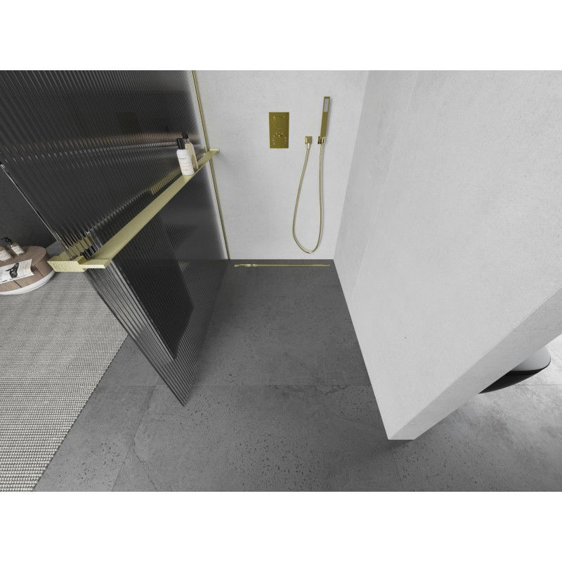 Mexen Kioto+ L shower screen with shelf Walk-in 110 x 200 cm, stripes, brushed gold - 800-110-123-55-09