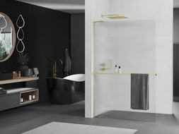 Mexen Kioto+ L Shower Screen with Walk-in Shelf 110 x 200 cm, Clear Glass, Brushed Gold - 800-110-123-55-09