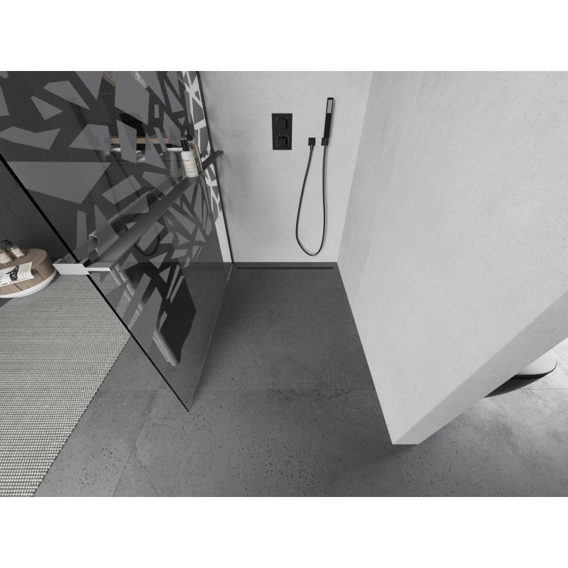 Mexen Kioto+ L Shower Wall with Shelf Walk-in 70 x 200 cm, white pattern, gun metal - 800-070-123-95-85