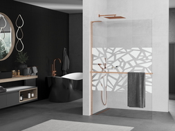Mexen Kioto+ L Shower Wall with Shelf Walk-in 100 x 200 cm, White Pattern, Brushed Copper - 800-100-123-65-85