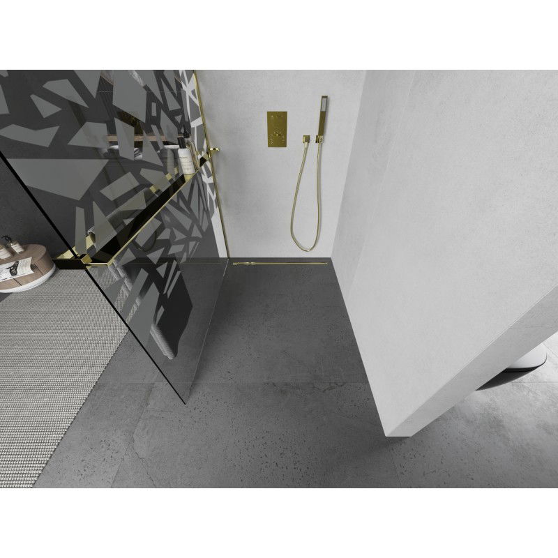 Mexen Kioto+ L Shower Wall with Shelf Walk-in 70 x 200 cm, White Pattern, Gold - 800-070-123-50-85