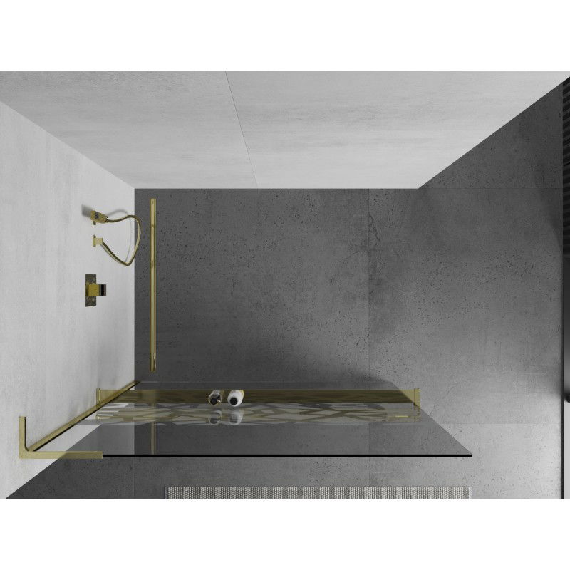 Mexen Kioto+ L Shower Wall with Shelf Walk-in 100 x 200 cm, White Pattern, Gold - 800-100-123-50-85