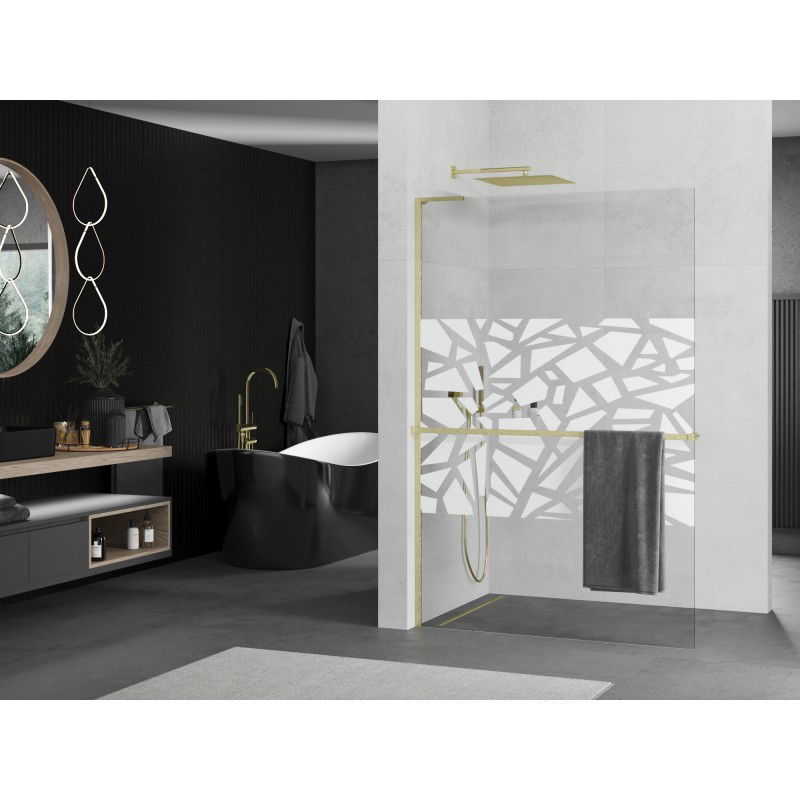 Mexen Kioto+ L Shower Wall with Shelf Walk-in 80 x 200 cm, White Pattern, Brushed Gold - 800-080-123-55-85
