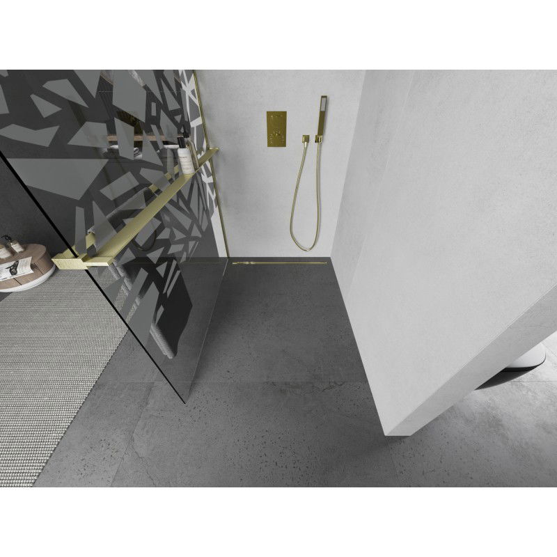Mexen Kioto+ L shower wall with Walk-in shelf 120 x 200 cm, white pattern, brushed gold - 800-120-123-55-85