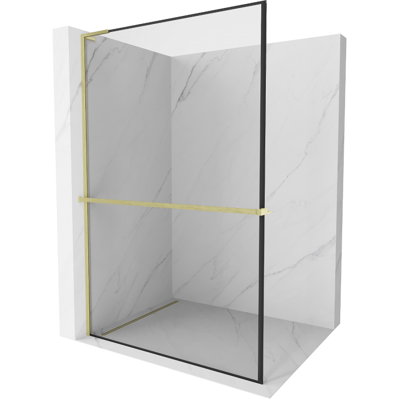 Mexen Kioto+ L Shower Screen with Shelf Walk-in 110 x 200 cm, Black Frame, Brushed Gold - 800-110-123-55-70
