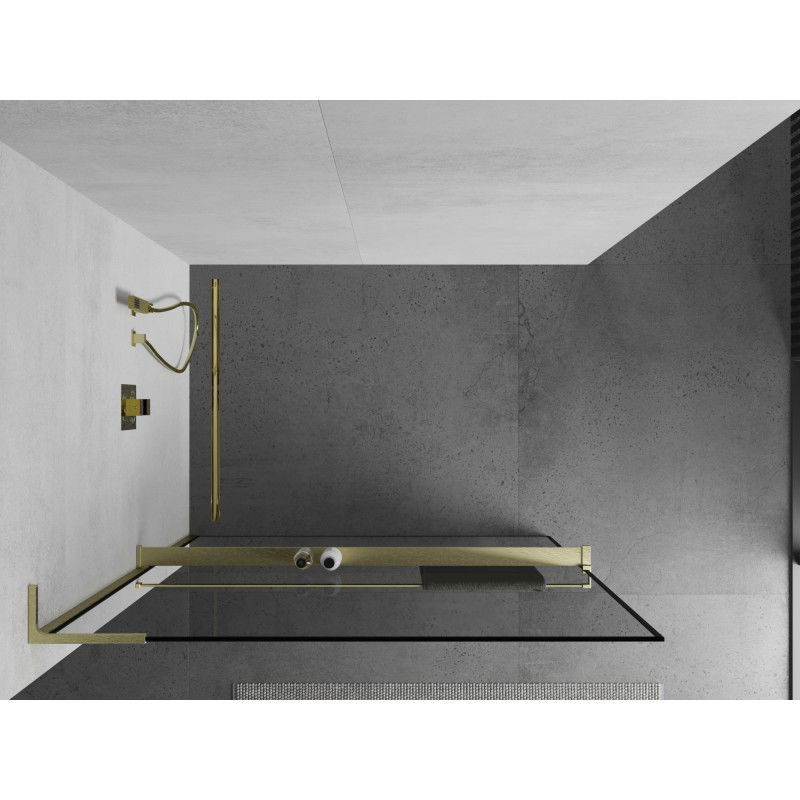 Mexen Kioto+ L Shower Wall with Shelf Walk-in 50 x 200 cm, Black Frame, Gold Brushed - 800-050-123-55-70