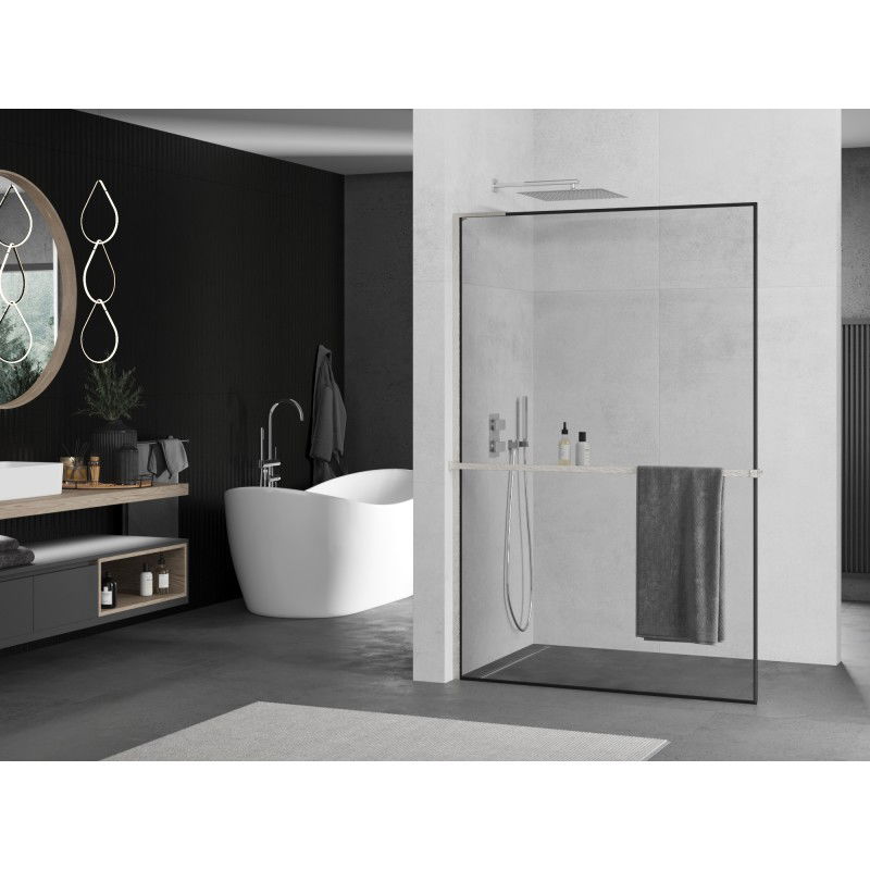 Mexen Kioto+ L shower panel with shelf Walk-in 70 x 200 cm, black frame, brushed nickel - 800-070-123-97-70