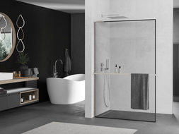 Mexen Kioto+ L Shower Screen with Shelf Walk-in 100 x 200 cm, Black Frame, Brushed Nickel - 800-100-123-97-70