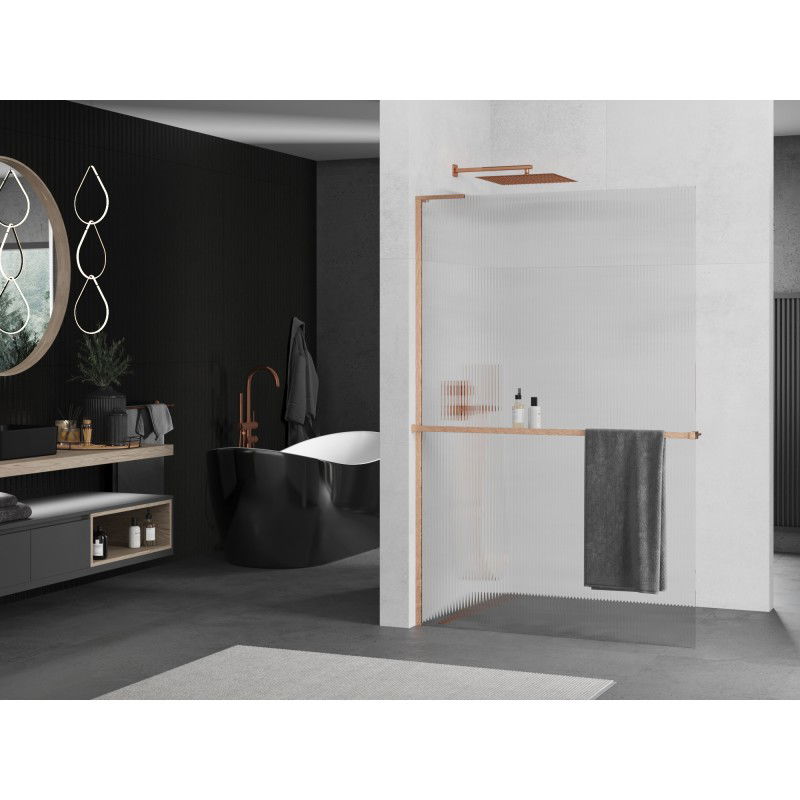 Mexen Kioto+ L shower wall with Walk-in shelf 90 x 200 cm, stripes, brushed copper - 800-090-123-65-09