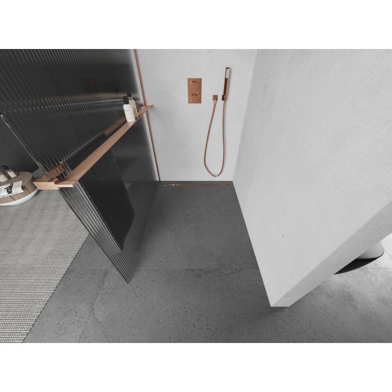 Mexen Kioto+ L shower wall with shelf Walk-in 110 x 200 cm, stripes, brushed copper - 800-110-123-65-09